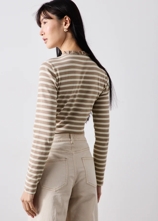 Cream Striped Frill Neck Henley Top