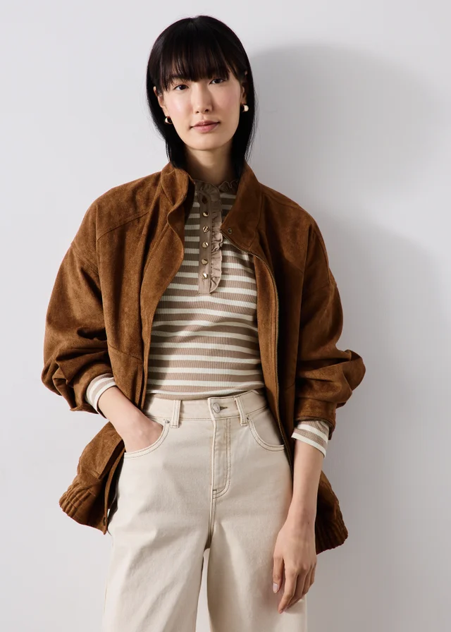 Cream Striped Frill Neck Henley Top