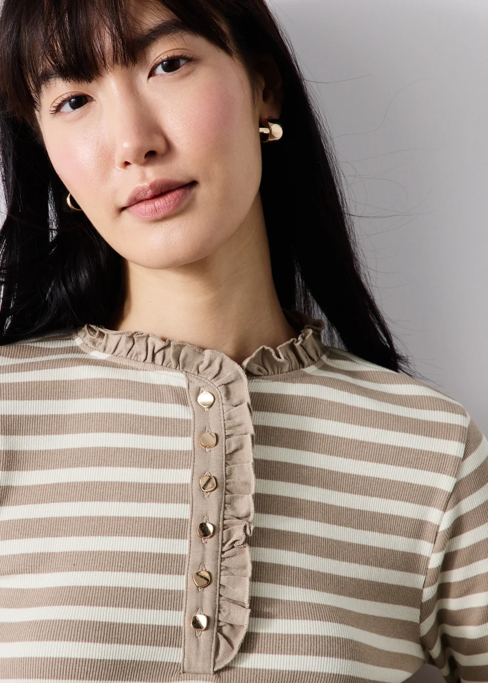 Cream Striped Frill Neck Henley Top - 16 Image 3