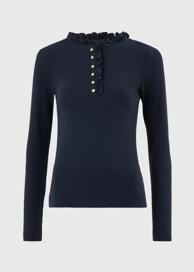Navy Frill Neck Henley Top