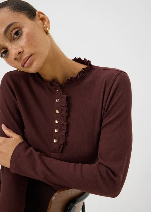 Chocolate Brown Frill Henley Top - 8 Image 3