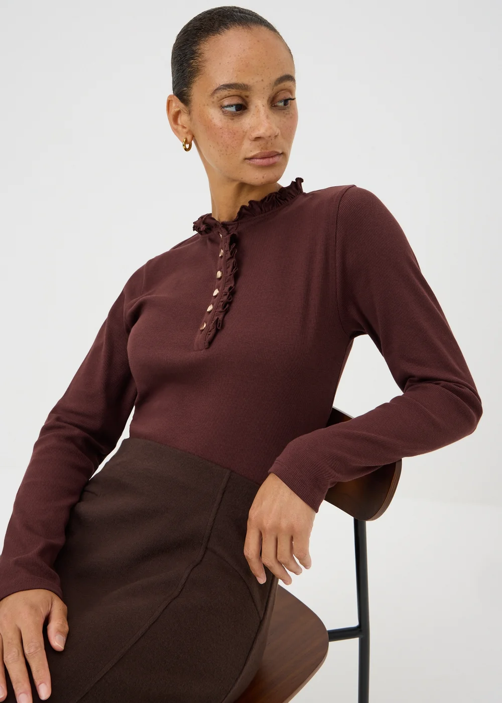 Chocolate Brown Frill Henley Top - 8 Image 2