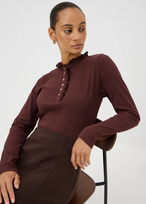 Chocolate Brown Frill Henley Top - 8 Image 2