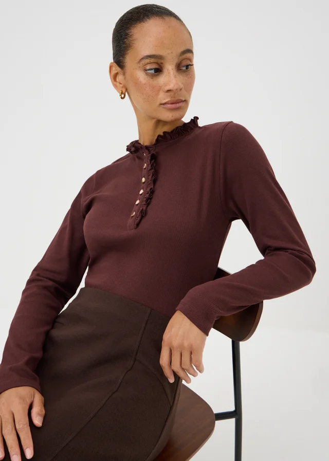 Chocolate Brown Frill Henley Top