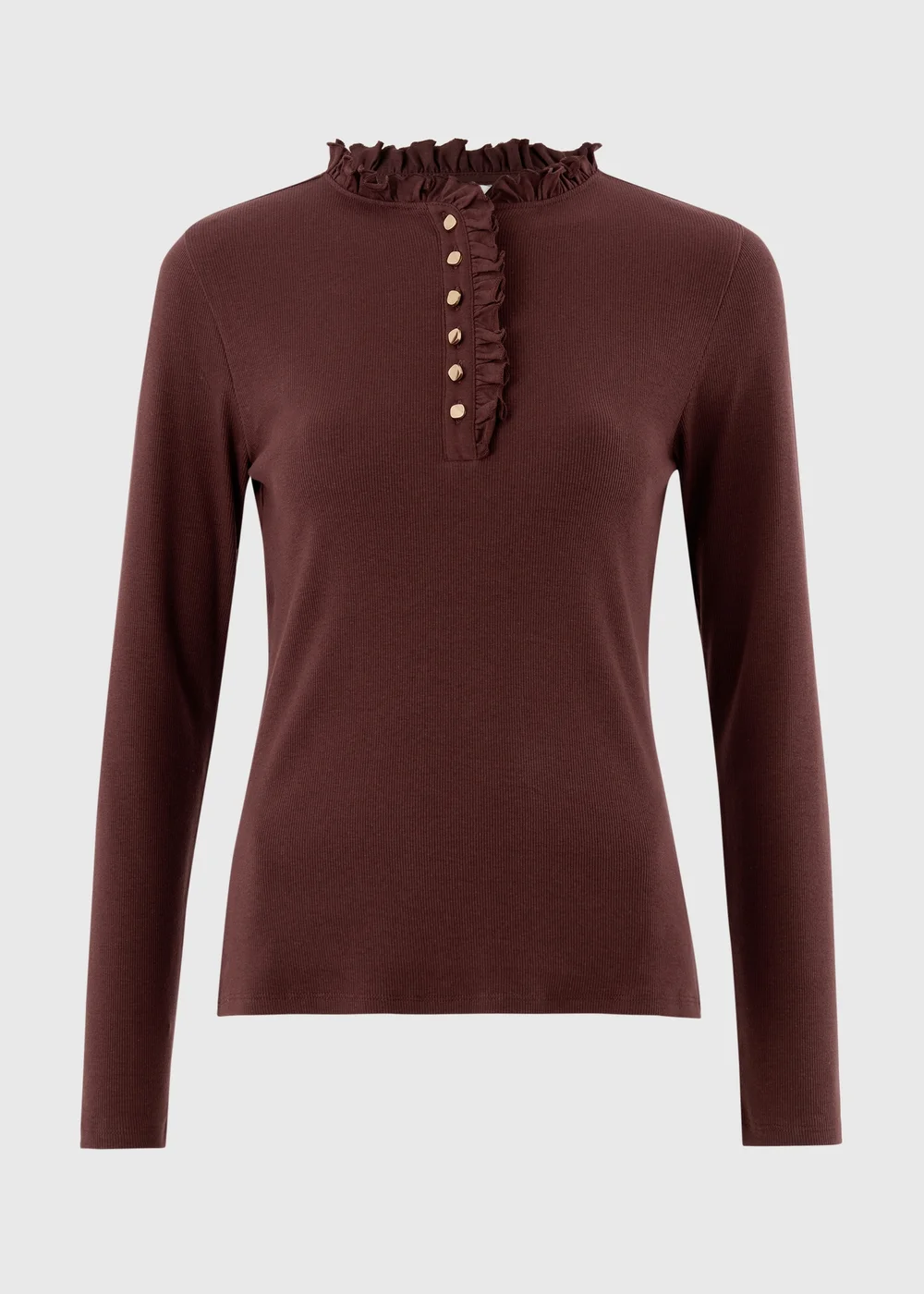 Chocolate Brown Frill Henley Top - 8 Image 4
