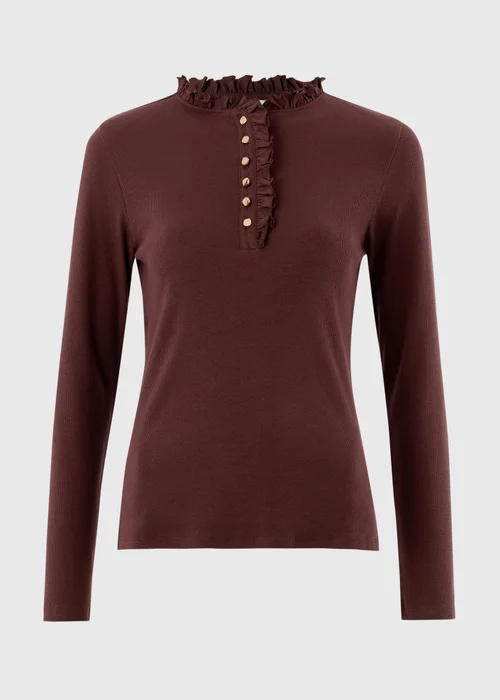 Chocolate Brown Frill Henley Top - 8 Image 4