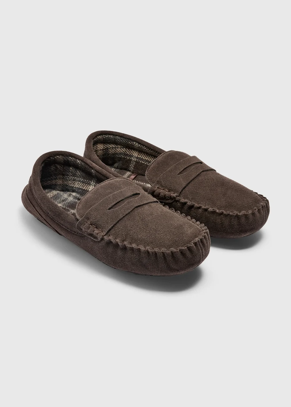 Brown Check Lined Moccasin Slippers - 6 Image 1
