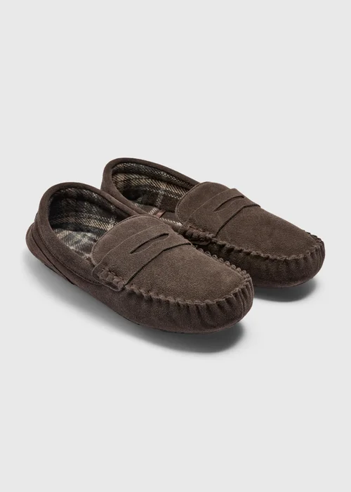 Brown Check Lined Moccasin Slippers - 6 Image 1
