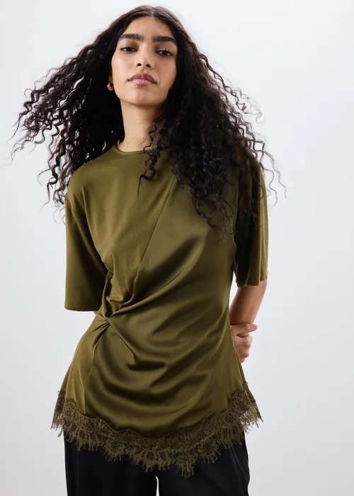 Dark Olive Satin Lace Twist Top - 8 Image 4