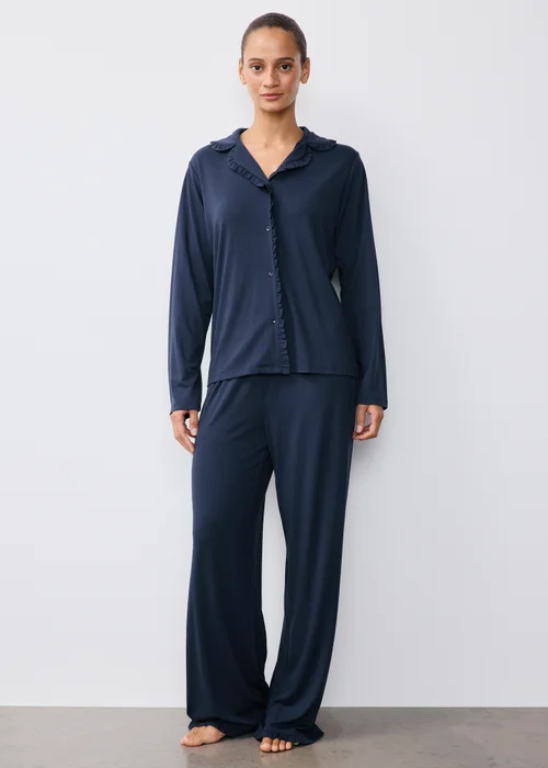 Navy Frilled Traditional Pyjamas - XS Image 1