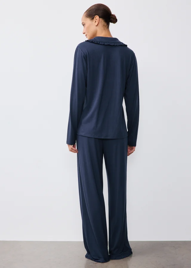 Navy Frilled Traditional Pyjamas