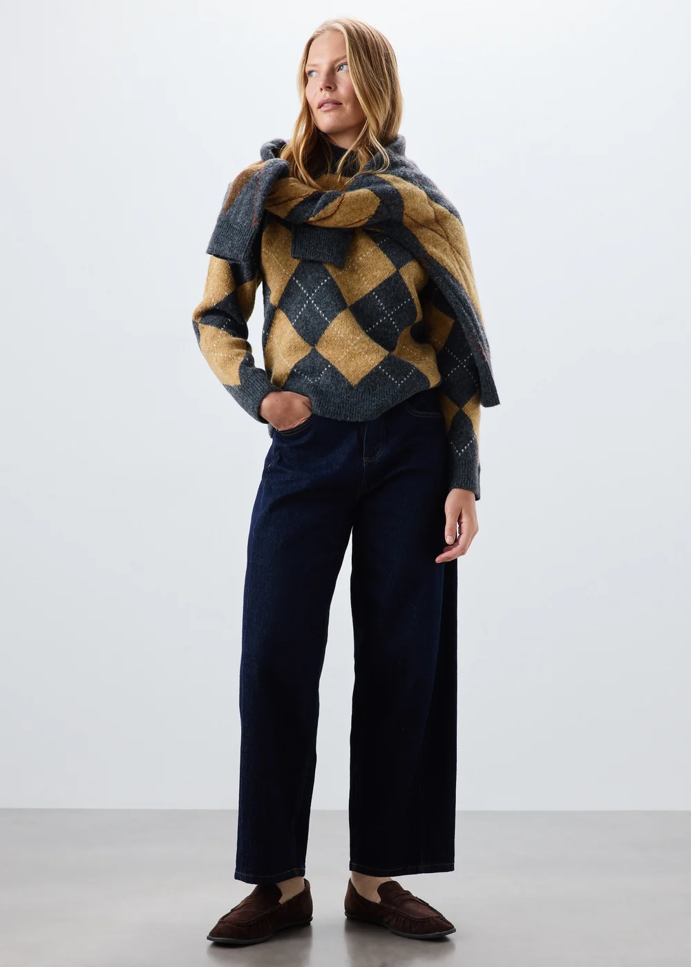 Camel Argyle Funnel Neck Jumper - XS Image 2