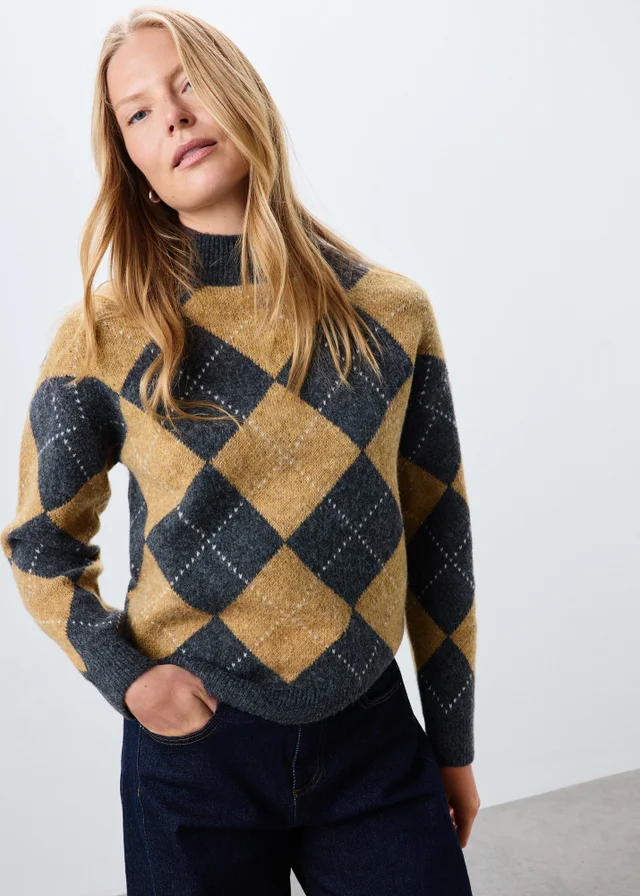 Camel Argyle Funnel Neck Jumper