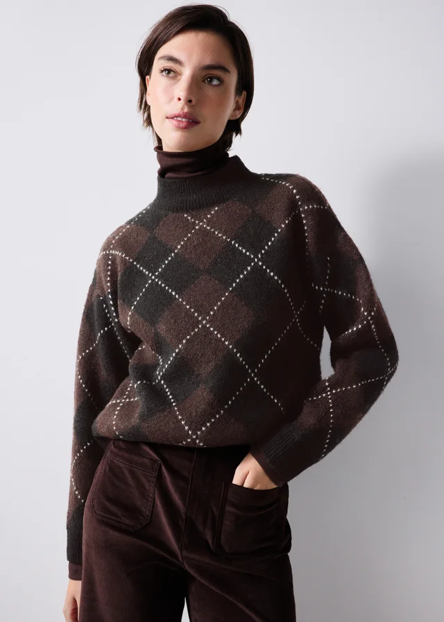 Chocolate Brown Argyle Funnel Neck Jumper