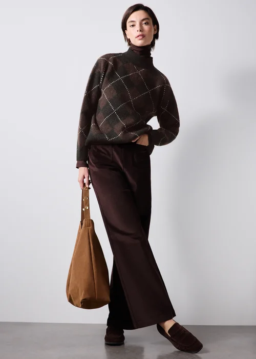 Chocolate Brown Argyle Funnel Neck Jumper - XS Image 2