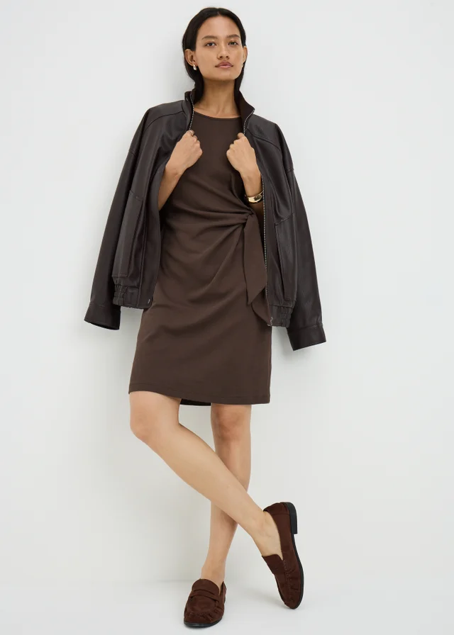 Chocolate Brown Tie Side Jersey Mini Dress