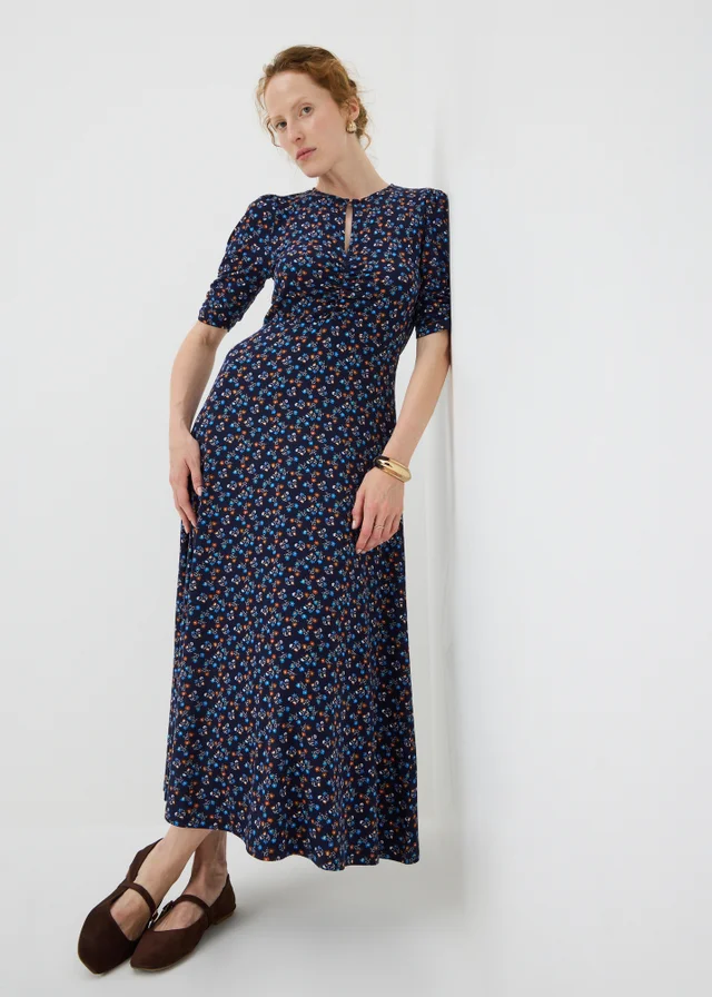 Navy Ditsy Floral Twist Front Midaxi Dress