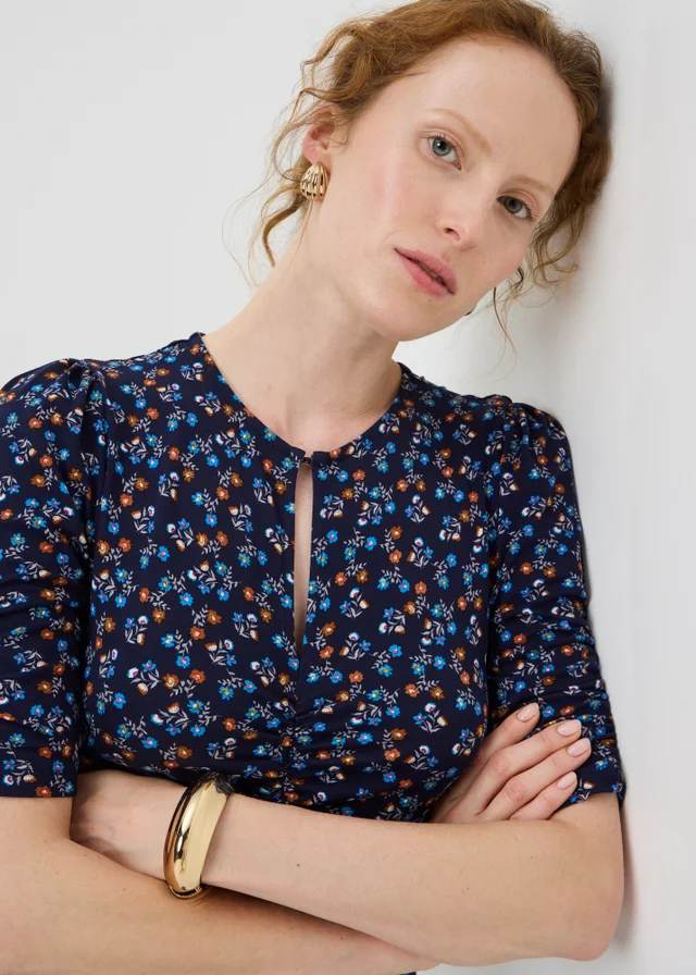 Navy Ditsy Floral Twist Front Midaxi Dress