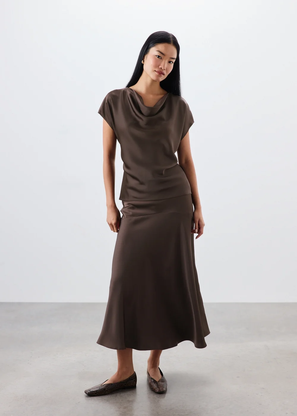 Chocolate Satin Midaxi Co Ord Skirt - 8 Image 1