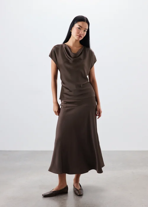 Chocolate Satin Midaxi Co Ord Skirt - 8 Image 1