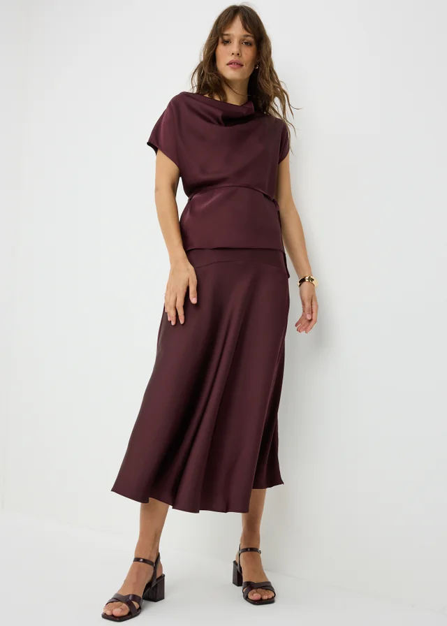 Wine Satin Seam Midaxi Skirt