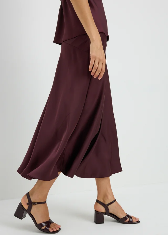 Wine Satin Seam Midaxi Skirt