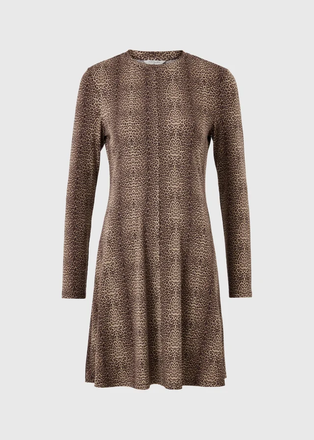 Brown Animal Print Ribbed Mini Dress