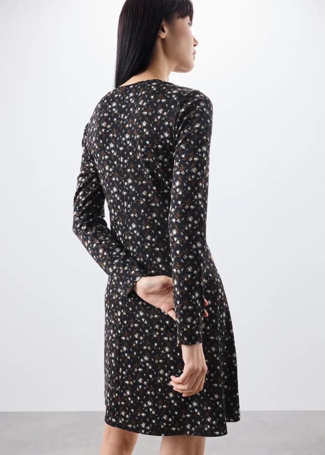 Brown Ribbed Ditsy Print Mini Dress