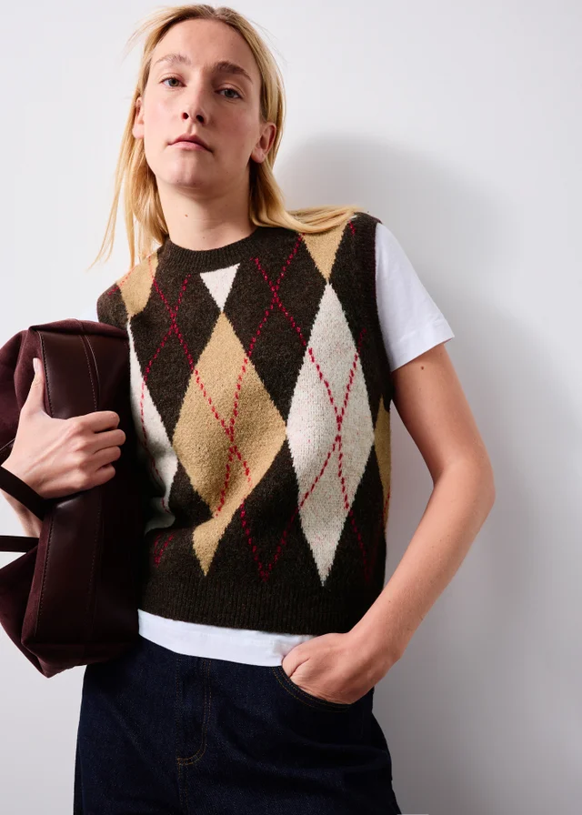 Neutral Brown Argyle Knitted Tank Top