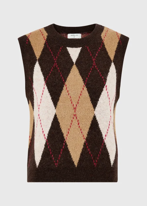 Neutral Brown Argyle Knitted Tank Top - XS Image 4