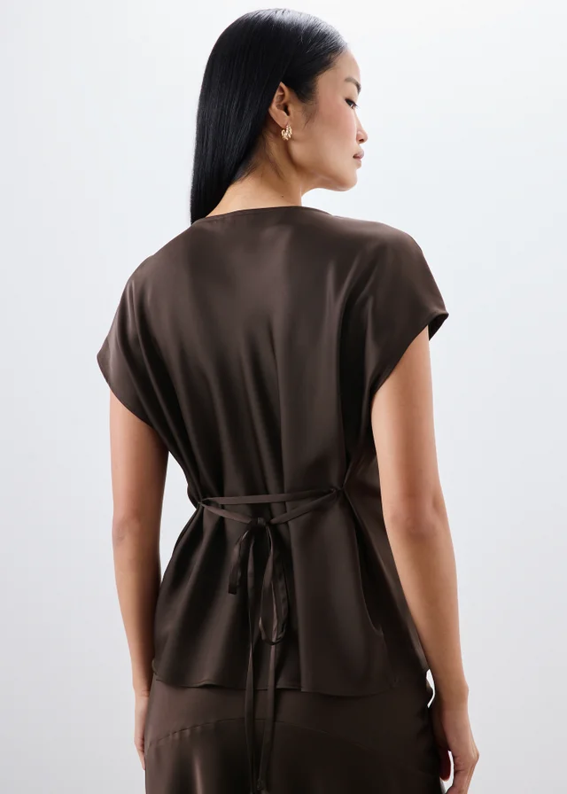Brown Satin Drape Co Ord Top