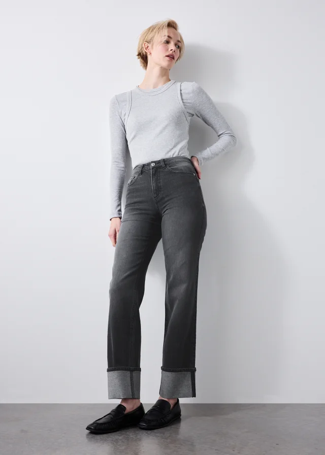 Black Straight Leg Turn Up Jeans