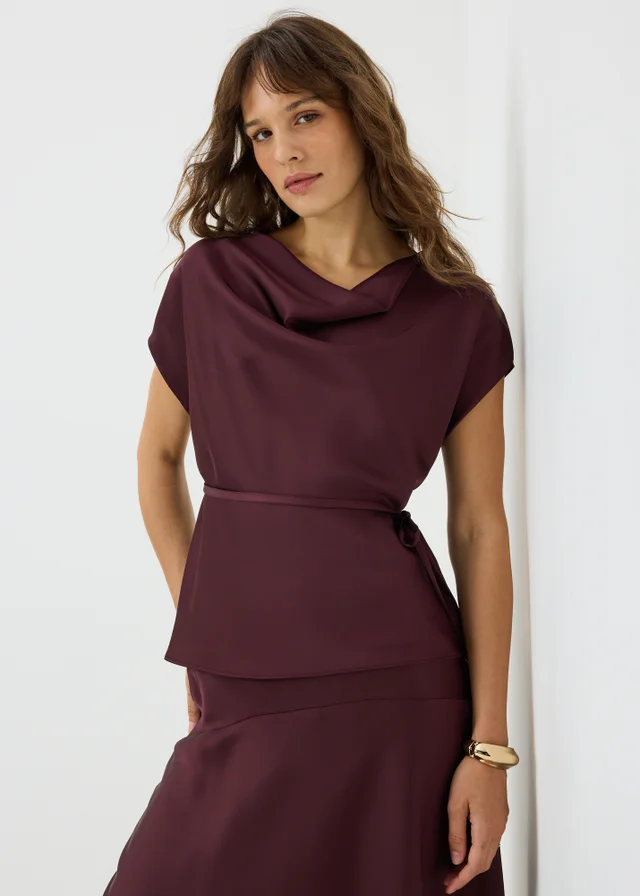 Wine Satin Drape Co-Ord Top