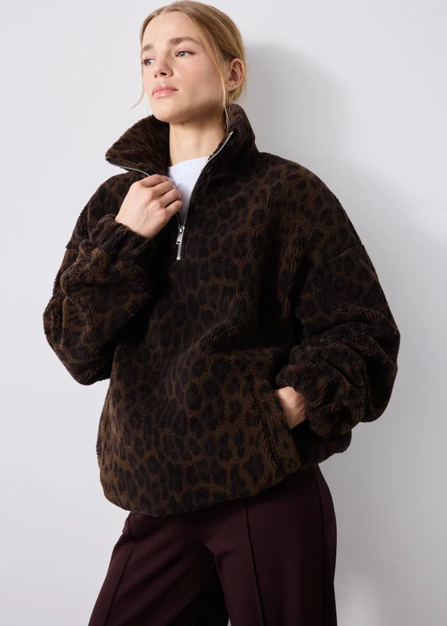 Brown Leopard Borg Half Zip Fleece