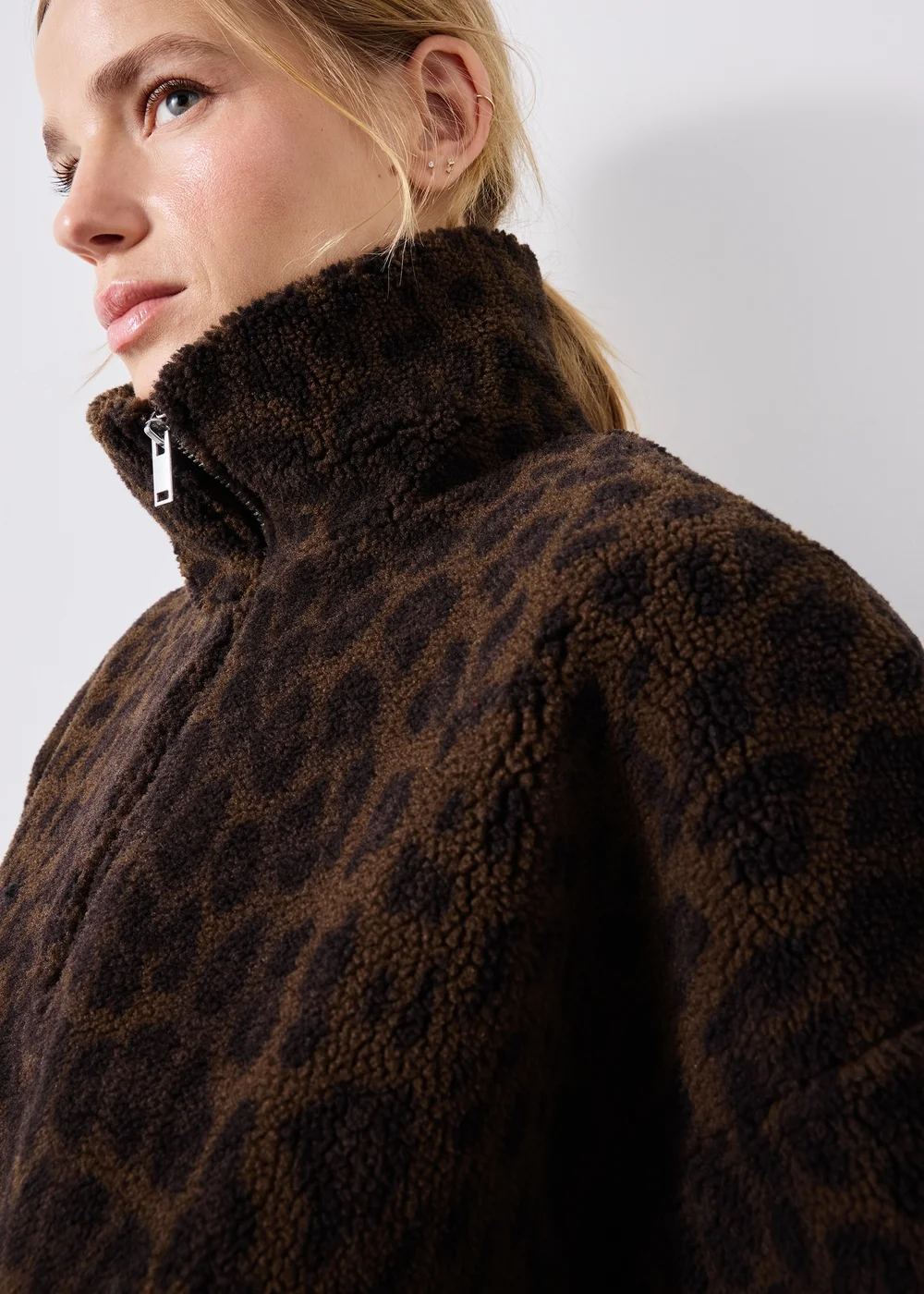 Brown Leopard Borg Half Zip Fleece - XS Image 3