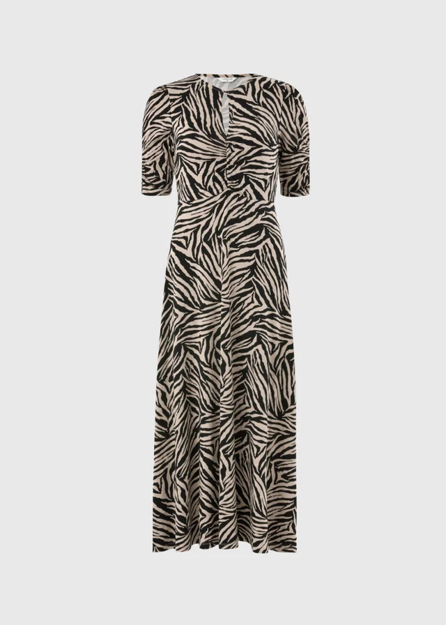 Black Zebra Print Twist Front Midaxi Dress