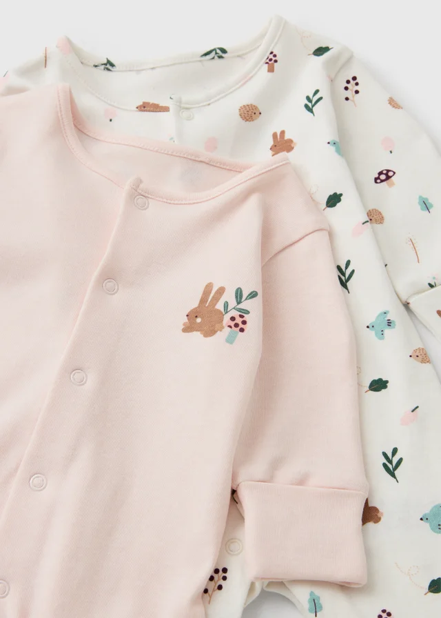 2 Pack Baby Pink/Cream Forest Print Sleepsuits (0-23 Months)