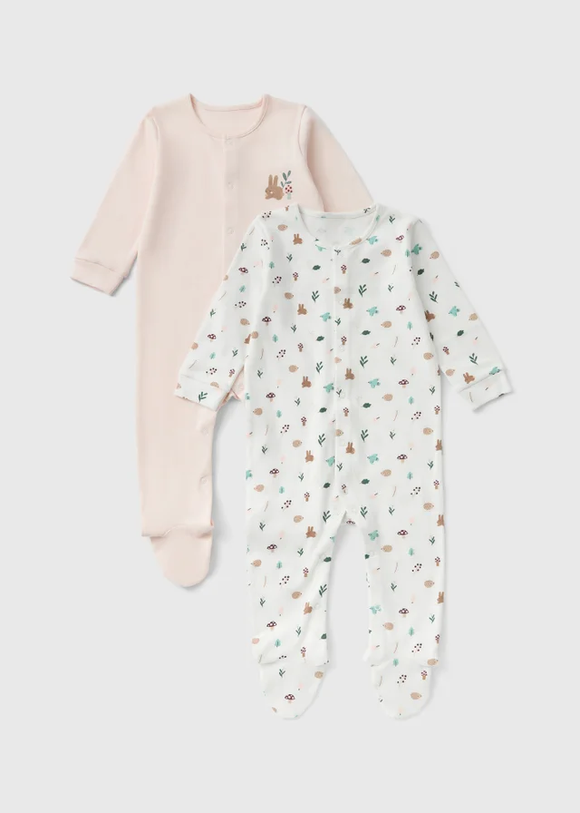 2 Pack Baby Pink/Cream Forest Print Sleepsuits (0-23 Months)