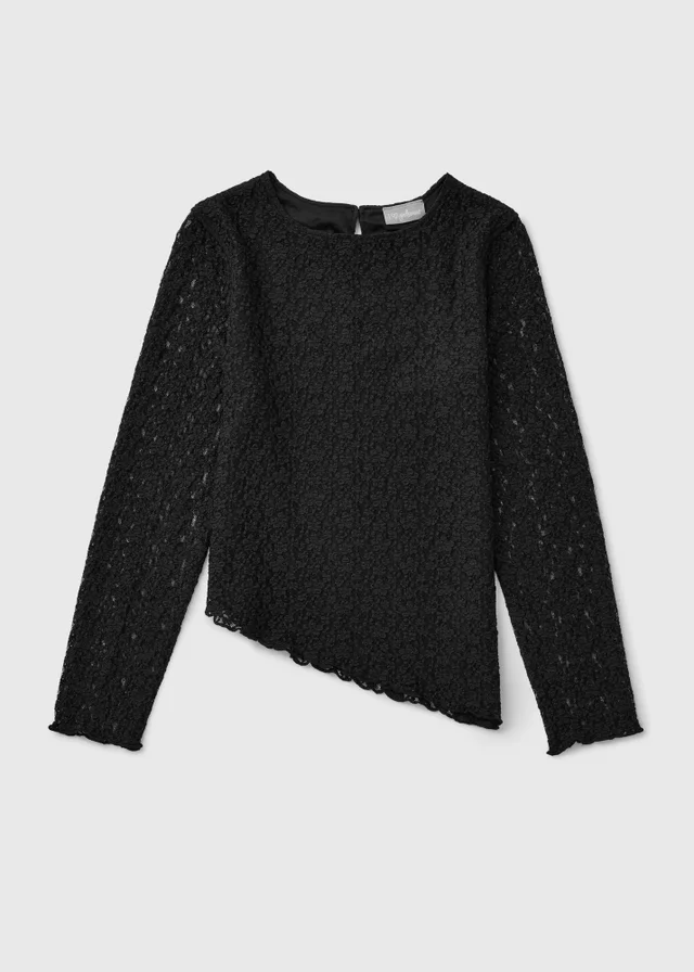 Girls Black Lace Trim Asymmetric Top (7-15yrs)