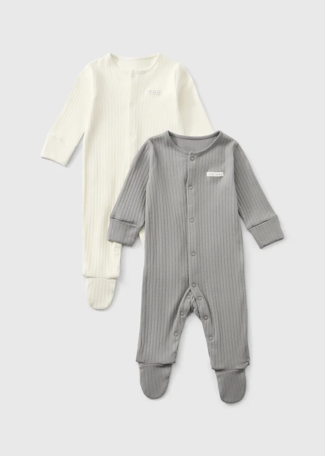 2 Pack Baby Grey/Cream Ribbed Sleepsuit (Newborn-23 mnths)