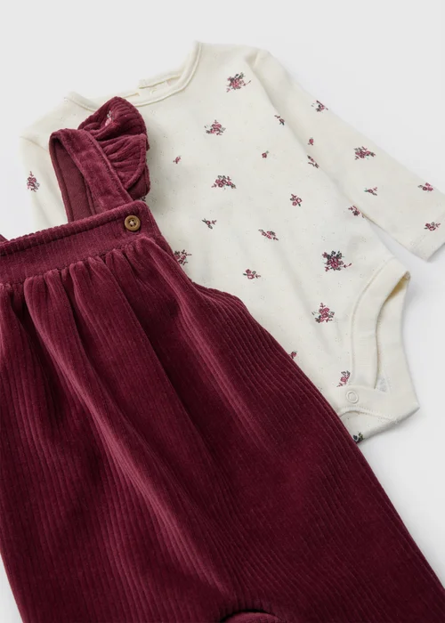 Baby Burgundy Floral Frill Dungaree (0-18mths) - First Size Image 2
