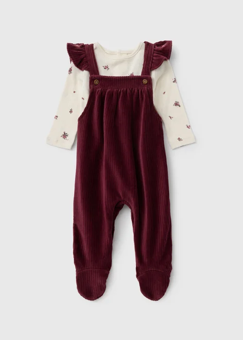 Baby Burgundy Floral Frill Dungaree (0-18mths) - First Size Image 1