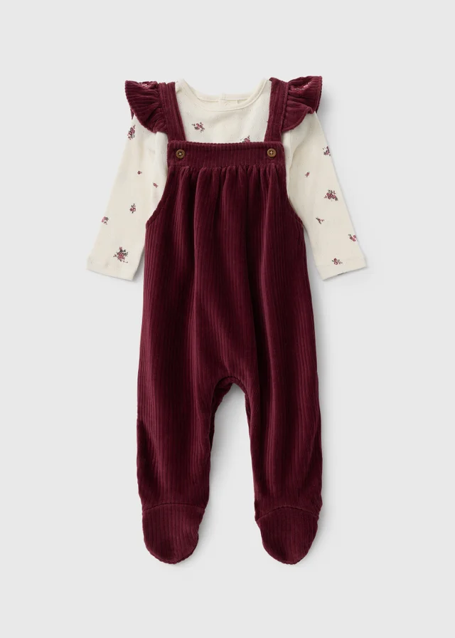 Baby Burgundy Floral Frill Dungaree (0-18mths)