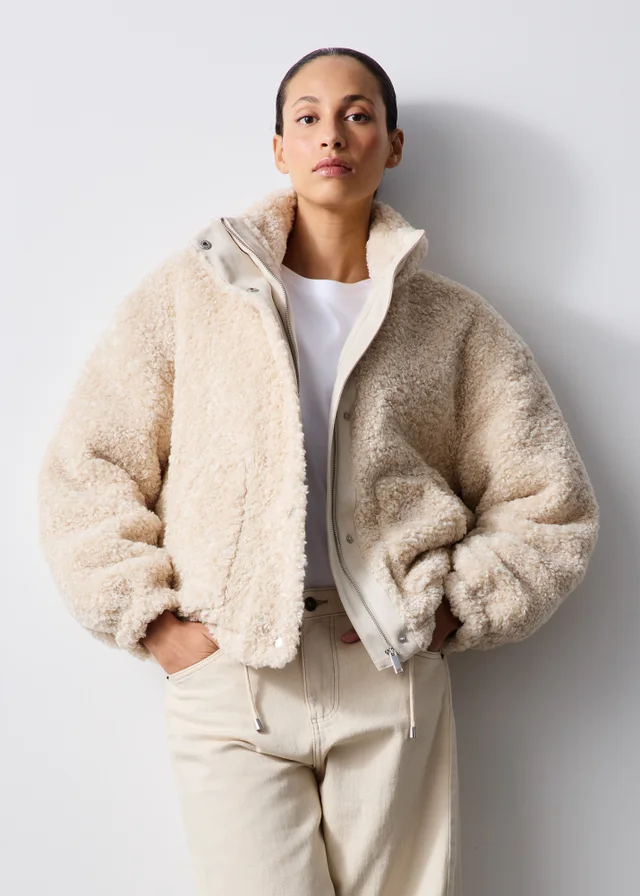Cream Borg Zip Through Jacket