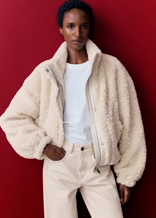 Cream Borg Zip Through Jacket
