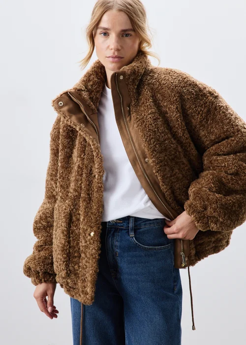 Toffee Borg Zip Through Jacket - S Image 1