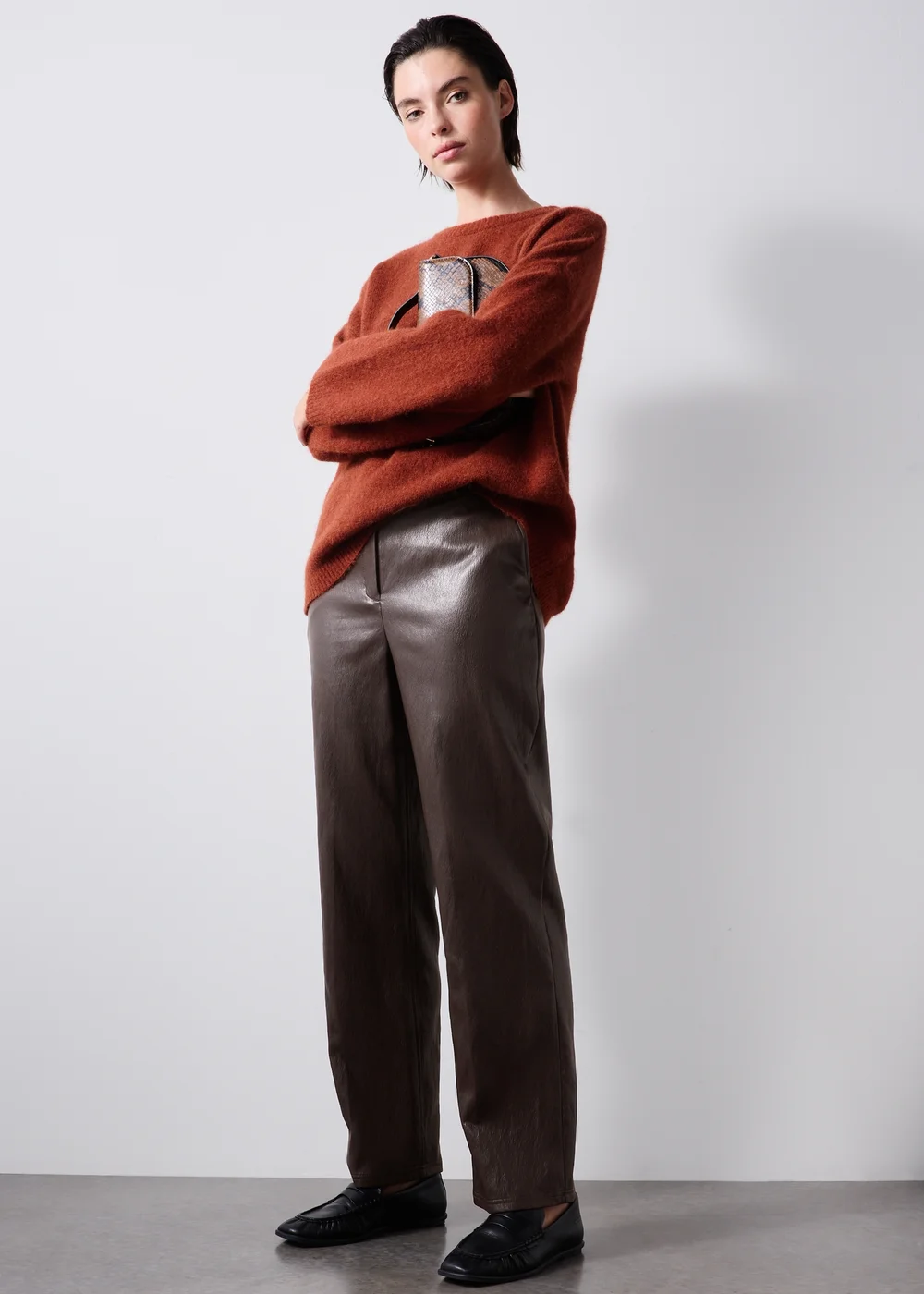 Chocolate Faux Leather Straight Leg Trousers - 8/L29 Image 1