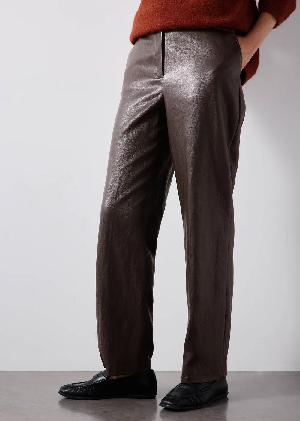 Chocolate Faux Leather Straight Leg Trousers - 8/L29 Image 2