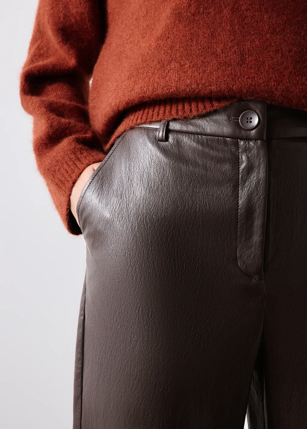 Chocolate Faux Leather Straight Leg Trousers - 8/L29 Image 4