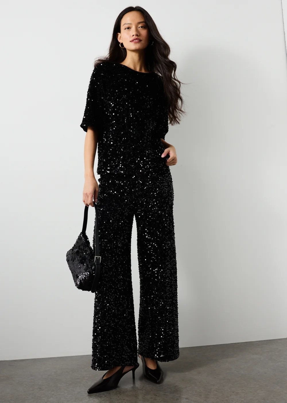 Black Sequin Wide Leg Co Ord Trousers - 20/L29 Image 3